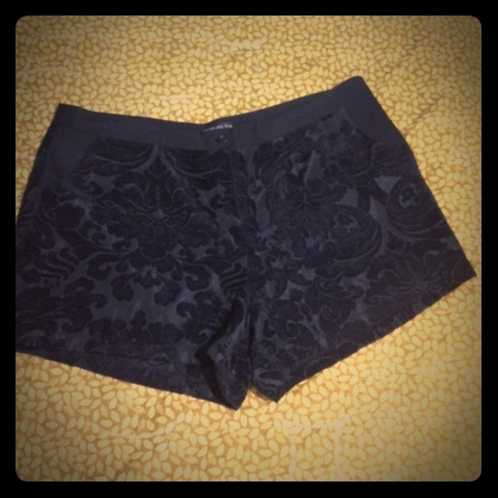 New black dress shorts with felt Victorian design.